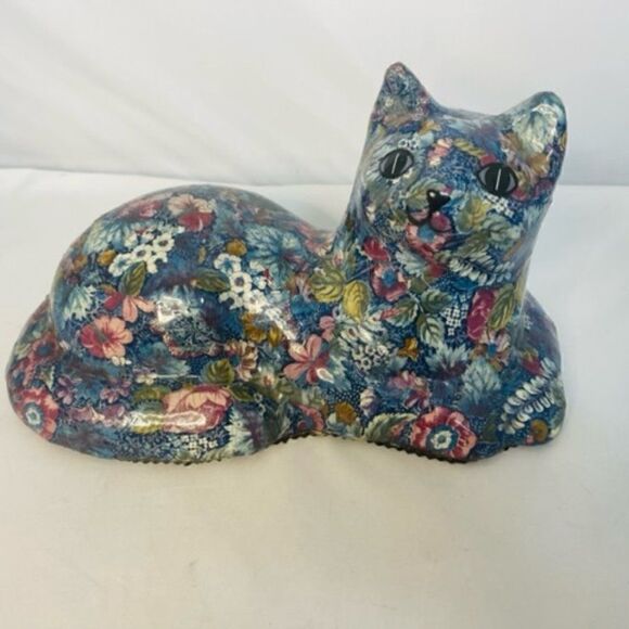 Vtg Kitty Cat Ceramic Decoupage Patchwork Floral Blue Eye Cat Statue 12" Very Go - Picture 1 of 7